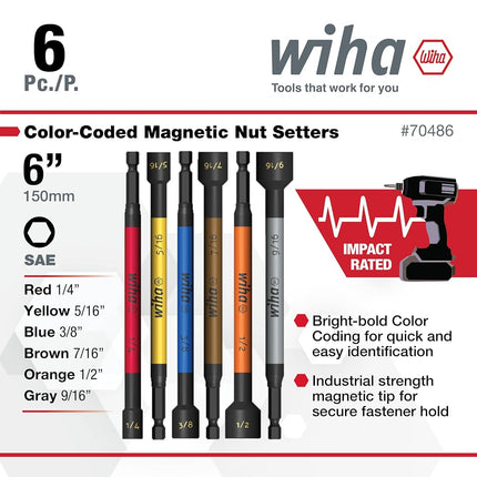 Wiha 70486 | 6 Piece Color Coded Magnetic Nut Setter Set