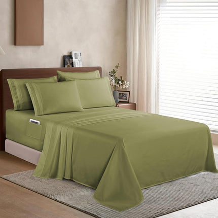 Elegant Comfort 1500 Premium Quality 6-Piece Bed Sheet Set - 18-24 Inch Extra Deep Pocket, Smart Storage Pockets, Wrinkle Free Ultra Soft 6PC Extra Deep Pocket Sheets, California King, Green