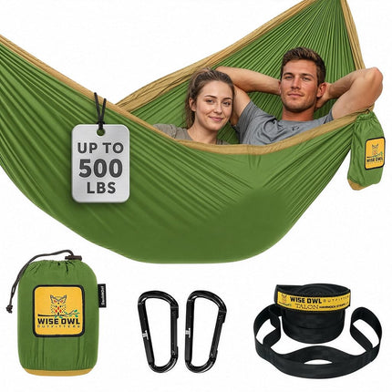 Wise Owl Outfitters Hammock for Camping Double Hammocks Gear for The Outdoors Backpacking Survival or Travel - Portable Lightweight Parachute Nylon DO Green & Khaki