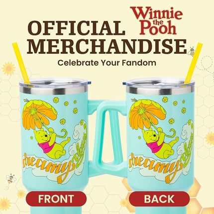 Silver Buffalo Disney Winnie the Pooh "Dreamy Days" Retro Art Stainless Steel Cup with Handle and Straw, Fits Standard Cup Holder, 1.2 l