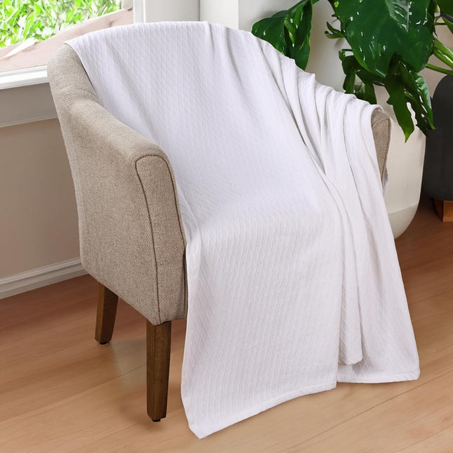 Superior Diamond Weave All-Season Cotton Blanket, Cover for Home, Couch, Bed, Soft, Warm Blankets, Boho Aesthetic, Comfy, Cozy, and Cute Covers, Decorative Bedding Essentials, Throw Size, White