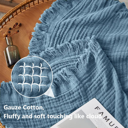 Simple&Opulence Cotton Muslin Throw Blanket for Bed, Couch, Knit Woven Gauze Blanket with Tassels, Soft Lightweight Cozy Pre-Washed Breathable Farmhouse Decoration for All-Season (Dusty Blue)