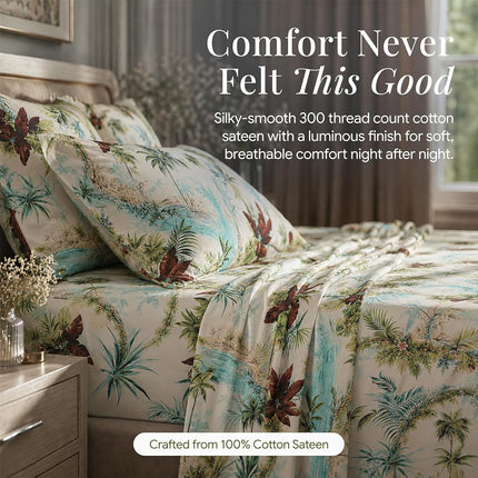 Tribeca Living Twin Bed Sheet Set, 300 Thread Count Soft Cotton Sateen, Floral Print with Extra Deep Pockets, 3-Piece Bedding Set, Paradise Island Multicolor