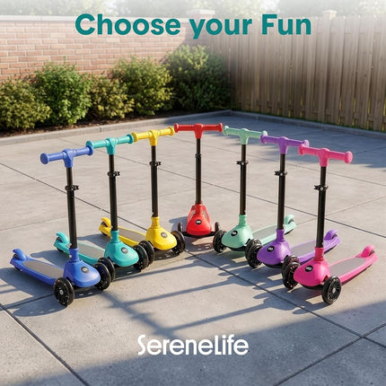 SereneLife Kids Scooter for Ages 3–7 – 3 Wheel Kick Scooter with Seat Option, Light-Up LED Wheels, Lean-to-Steer, Foldable, Adjustable Height, 50 kg Capacity, Blue