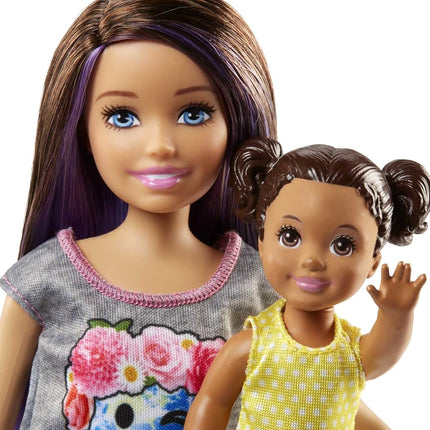 Barbie Skipper Babysitters Doll Playset, Brunette Skipper Doll with Brown Baby Doll, Baby Stroller and Doll Accessories, Toys for Ages 3 and Up, Two Dolls, FJB00