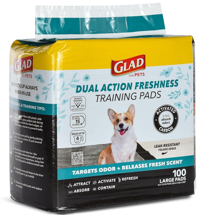 Glad for Pets Dual Action Freshness Activated Carbon Puppy Training Pads with Fragrance Release, Scented Pee Pads, Ultra Absorbent, Odor Control. 23"x23" 100ct