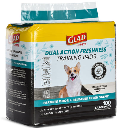 Glad for Pets Dual Action Freshness Activated Carbon Puppy Training Pads with Fragrance Release, Scented Pee Pads, Ultra Absorbent, Odor Control. 23"x23" 100ct