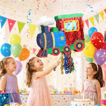 WERNNSAI Train Piñata - Train Themed Piñata with Pull String, Stick and Blindfold, for Birthday Decorations Party Supplies Carnivals Games Supplies (16.5"x12.4"x3")