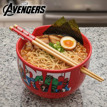 Silver Buffalo Marvel Comics Retro Characters in Logo Boxed Ceramic Ramen Bowl with Chopsticks, 20 Ounces