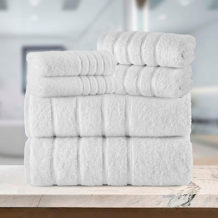 Juego de toallas de lujo Elegant Comfort de 6 piezas con rayas de viscosa de 4 líneas - Toallas de baño de lujo 100% algodón turco de alta absorción – Incluye 2 toallitas, 2 toallas de mano y 2 toallas de baño, blanco