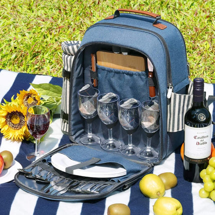 Sunflora Picnic Backpack for 4 Person, Picnic Basket Set (Blue & Stripe)