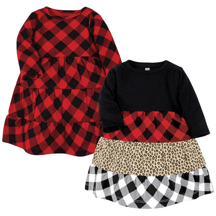 Hudson Baby Baby Girls' Cotton Dresses, Buffalo Plaid Leopard Black, 0-3 Months