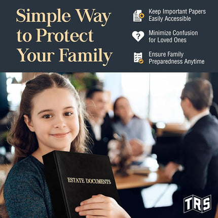 TRS Estate Planning Binder Kit – Pre-Labeled Tabs, Sheet Protectors | 1.5" D-Ring Stitched Faux Leather Organizer for Wills, Trusts, Power of Attorney & End-of-Life Planning | Gold on Black
