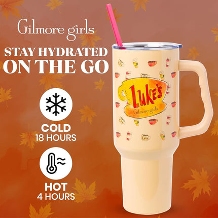 Silver Buffalo Gilmore Girls Luke's Diner – Gobelet isotherme en acier inoxydable avec poignée et paille, compatible avec les porte-gobelets standards, 1,18 litre