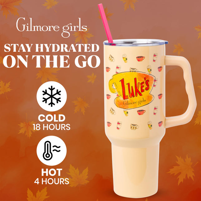 Vaso de acero inoxidable Silver Buffalo Gilmore Girls Luke's Diner con asa y pajita, cabe en portavasos estándar, 40 onzas