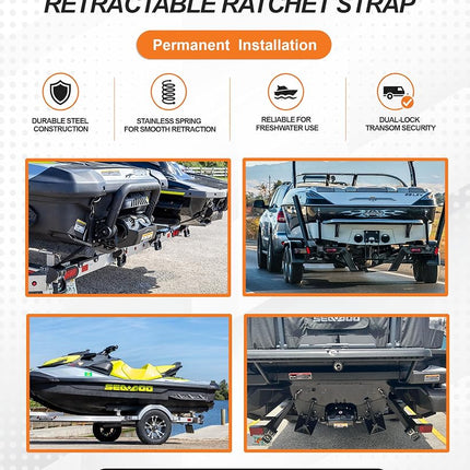 Strapinno 2PCS Retractable Ratchet Straps (1 7/8 in x 4 ft) Heavy Duty Transom Tie Downs for Boat, PWC Trailer - Extra Mounting Brackets & Bolt Set,Safety Latch S-Hook,Break Strength 2,600LBS/1,180KG
