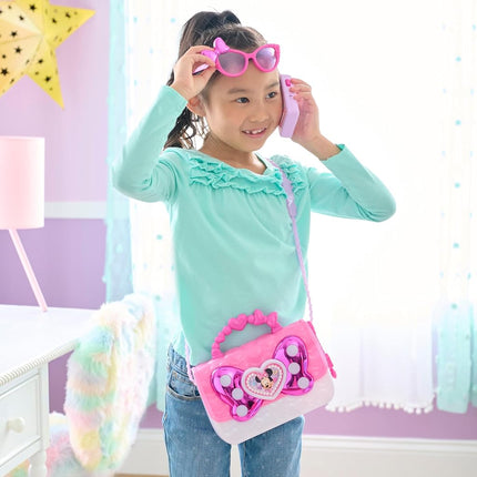 Just Play Disney Junior Minnie Mouse Bowfabulous Bag Set – 18 cm Play Purse with Lights & Sounds Cell Phone, Accessories, Sunglasses & Sticker Sheet for Kids 3 and Up