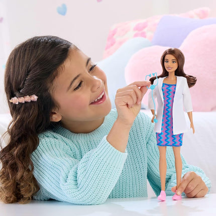 Barbie Careers Doctor Fashion Doll Wearing Removable Look with White Coat, Dress & Shoes, Plus Stethoscope Accessory, JKF76