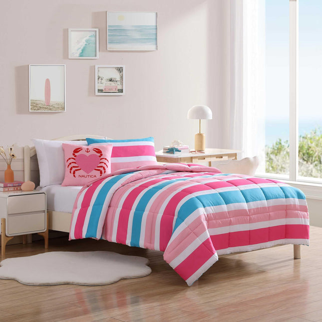 Nautica Soft Bedding with Matching Shams & Throw Pillow, Kids Home Decor, Oeko-Tex Certified, Polyester, Cru Stripe Pink, Full/Queen