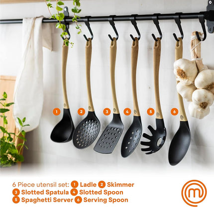 MasterChef Kitchen Utensils Set Dishwasher Safe, Non Toxic Cooking Utensils Set for Nonstick Cookware, Non Scratch Plastic Tools incl. Spatulas & Spoons, Heat Resistant Nylon, 6 Piece, Natural Look