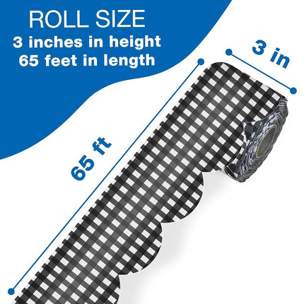 Carson Dellosa Farmhouse 65Ft of Black and White Gingham Bulletin Board Borders, 1 Roll of Scalloped Trim for Rolling Whiteboard, Cork and Posterboard, Party, Office Decorations, and Classroom Decor