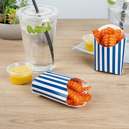 Bio Tek 3.9 x 2.6 x 3.5 Inch French Fry Cup, 100 Disposable Snack Cups - Stackable, Sustainable, Blue and White 2 Ounce Paper Fry Holder, for Fries, Onion Rings, Popcorn, or Cookies - Restaurantware