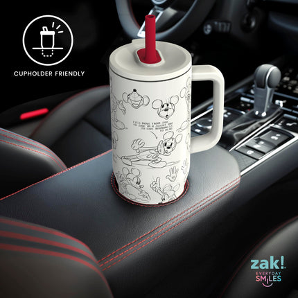 Zak Designs Vaso de viaje Sutton de Disney para llevar, 887 ml, acero inoxidable con aislamiento al vacío, pajita de silicona y asa de transporte para bebidas frías (boceto de Mickey Mouse)