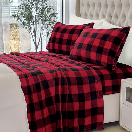 Elegant Comfort Flannel Velvet Sheets Queen Size Buffalo Red 4 Pcs Bed Sheets Set Premium Plush Cozy Warm Anti-Static Pilling Free Deep Pocket