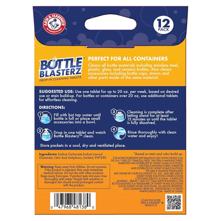 Arm & Hammer Bottle Blasterz - Drop-In Cleaning Tablets - Perfect for Water Bottles, Tumblers, and Coolers - All-Natural Ingredients, Eliminates Odors, Fast-Acting, Individually Packed (12 Count)