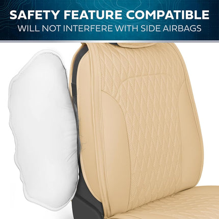 MotorBox Car Seat Covers – DiamondLux Edition Premium Faux Leather Tan Beige Seat Protectors – Double Cross Stitched Cushioned Automotive Accessories for Trucks, SUVs, Cars – Front Seat Set