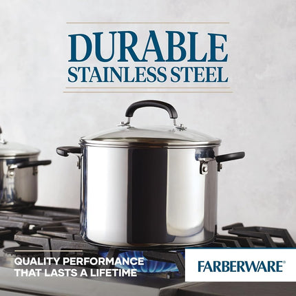 Olla de acero inoxidable Farberware Brilliance con tapa de vidrio, apta para lavavajillas y cocinas de inducción, 8 cuartos