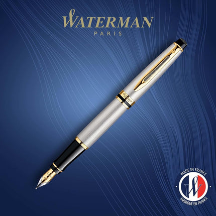 Waterman Expert Fountain Pen | Stainless Steel with 23k Gold Trim | Medium Nib | Gift Box