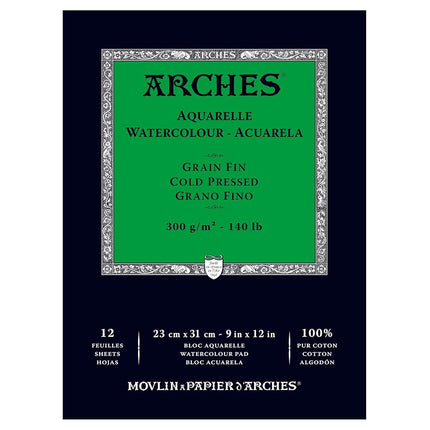 Arches Watercolor Pad 9x12-Inch Natural White 100% Cotton Paper - 12 Sheet 140 lb Cold Press Pad for Watercolor, Gouache, Ink, Acrylic and More