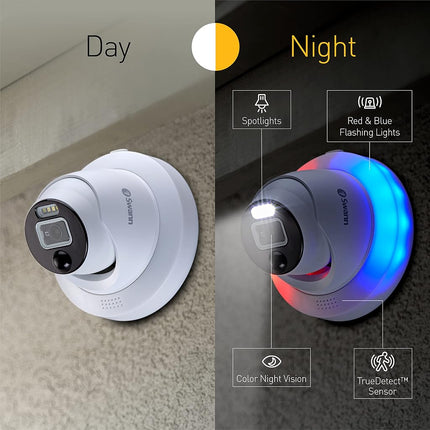 Caméra de sécurité dôme Swann Add-On DVR à lumière clignotante avec projecteur à détecteur, vidéo Full HD 1080p, conception intérieure ou extérieure et détection de chaleur et de mouvement True Detect
