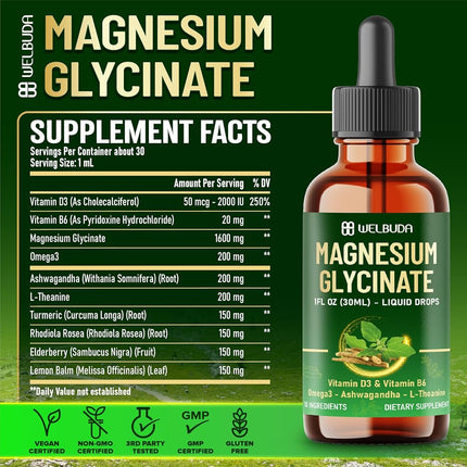 10in1 Magnesium Glycinate Liquid Drop with Omega-3, Vitamin D3, Vitamin B6, Ashwagandha, L-Theanine, Turmeric, Rhodiola Rosea, Elderberry, Lemon Balm - 1 FL Oz - 30 Days Supply