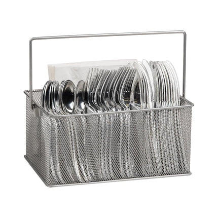 Mind Reader Network Collection, 4-Compartment Utensil or Supply Caddy with Handle, Countertop or Desktop Organizer, Metal Mesh, 10" L x 7" W x 4.75" H, Silver