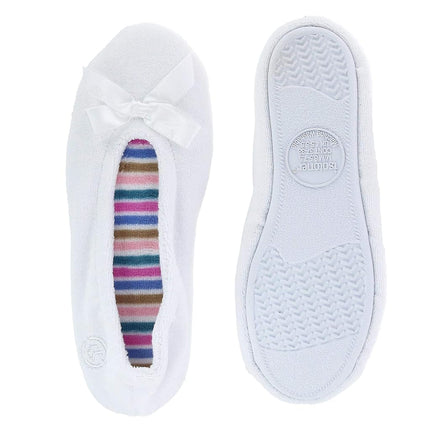 isotoner Women's Indoor/Outdoor Classic Terry Ballerina Slippers with Non-slip Sole, White Stripe, 6.5-7. 5