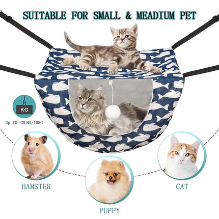 JSPYFITS Cat Cage Hammock with Ball,Double Layer Hanging Adjustable Soft Pet Bed Suit for Kitten Ferret Puppy Rabbit or Small Pet, 2 Level Indoor Bed for All Season(Blue Whale)