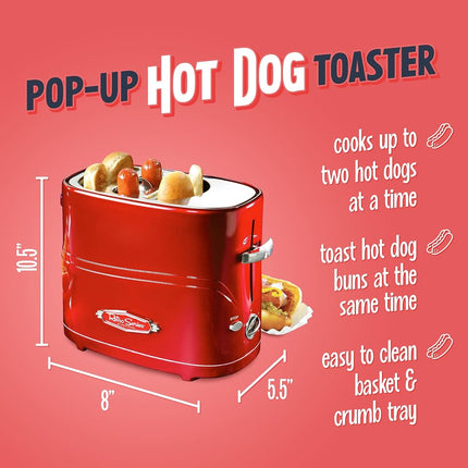 Nostalgia 2 Slot Hot Dog and Bun Toaster with Mini Tongs, Hot Dog Toaster Works with Chicken, Turkey, Veggie Links, Sausages and Brats, Retro Red