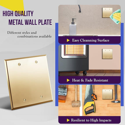 ENERLITES Placa de pared metálica para dispositivo en blanco, acero inoxidable resistente a la corrosión, tamaño 2 módulos 4.50" x 4.57", acero inoxidable 201, 7702-PB, latón pulido, oro