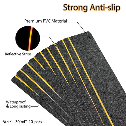 4" x 30" 10Pack Anti Slip Stair Tread with Reflective Stripe,Best Grip Non Slip Tape,Non Skid Tape, High Traction Adhesive for Stairs Step, Black Cosimixo