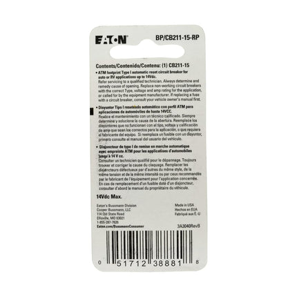 Bussmann (BP/CB211-15-RP) 15 Amp Type-I ATM Mini Circuit Breaker