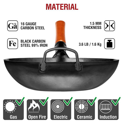 YOSUKATA 34 cm Pre-Seasoned Flat Bottom Black Carbon Steel Wok for Stir Fry