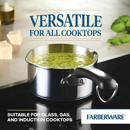 Farberware Brilliance Casserole en acier inoxydable avec becs verseurs latéraux pour verser facilement, compatible lave-vaisselle et induction, 0,9 litre, acier inoxydable