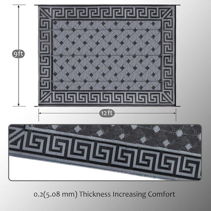 SAND MINE Reversible Mats, Plastic Straw Rug, Modern Area Rug, Large Floor Mat and Rug for Outdoors, RV, Patio, Backyard, Deck, Picnic, Beach, Camping (9' x 12', Black & Grey)