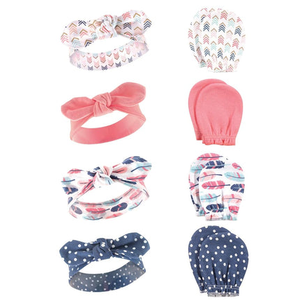 Hudson Baby Baby Girls' Cotton Headband and Scratch Mitten Set, Feathers, 0-6 Months