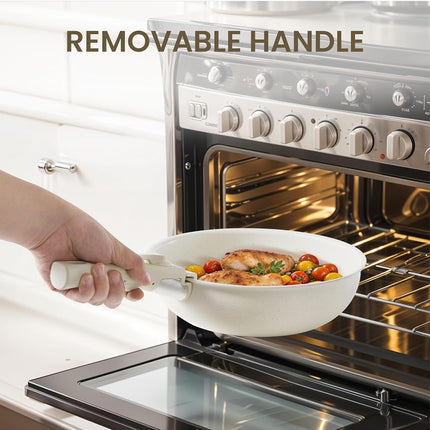 Juego de 12 sartenes y ollas Simple Deluxe, juego de utensilios de cocina antiadherentes, utensilios de cocina de inducción de granito blanco con mango desmontable, apto para horno, libre de PFAS y PFOA, beige