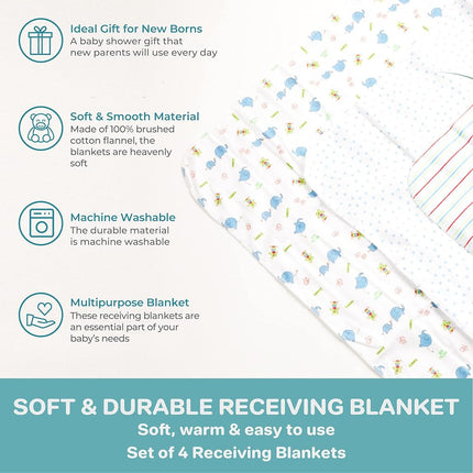 Spasilk Baby-Boy Newborn 4 Pack Flannel Receiving Blanket, Blue Elephant, 30 Inchx30 Inch