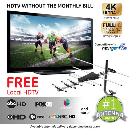 Antena de TV digital HD para exteriores GE, antena HDTV OTA de largo alcance, diseño estilo Yagi, compatible con TV inteligente 4K 1080P HD VHF UHF, soporte J incluido para ático o exterior, resistente a la intemperie, 33685