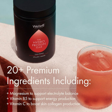 WelleCo The HydroProtein Elixir Plant‑Based Protein Powder, Vegan, Gluten‑Free, Electrolytes Hydration Powder Supplement, Naturally Sweetened, Blackcurrant & Pomegranate Flavor, 270g